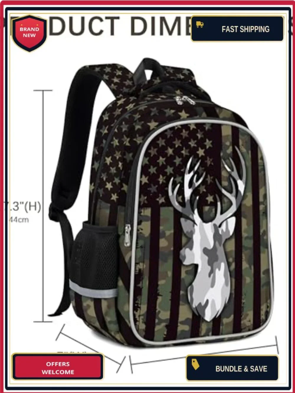 American Flag Camo Deer Boys Backpack Waterproof School Daypack Laptop Pocket